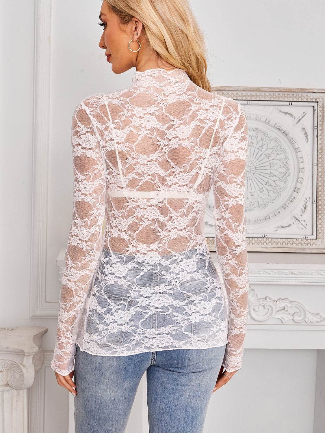Mock Neck Long Sleeve Lace Sheer Top - UnLaced Boutique
