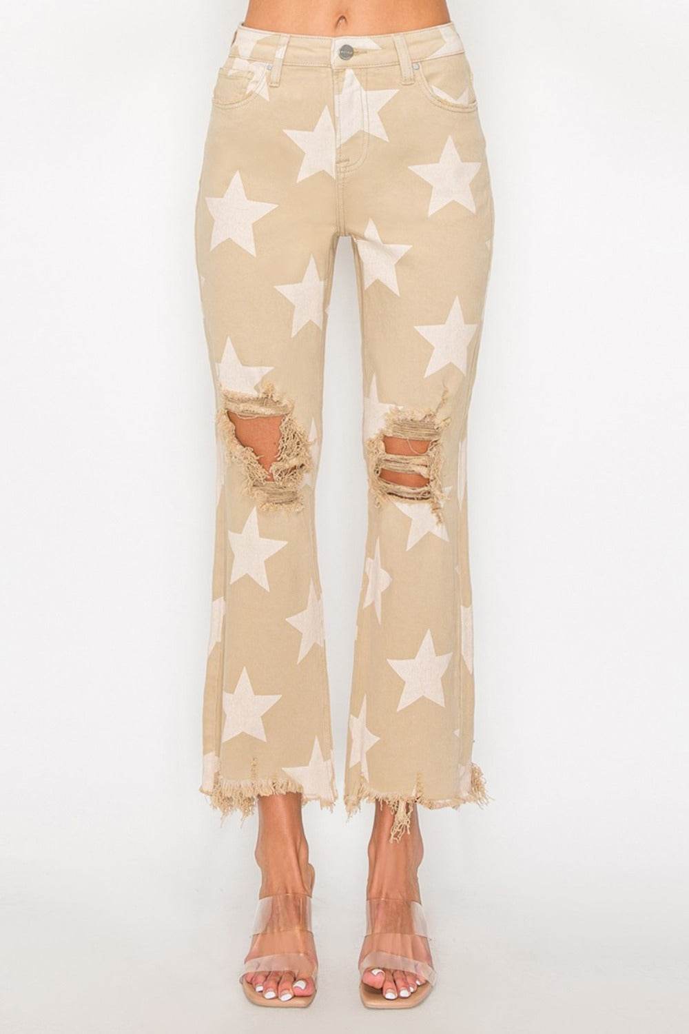 RISEN Full Size High Rise Star Printed Frayed Hem Jeans - UnLaced Boutique