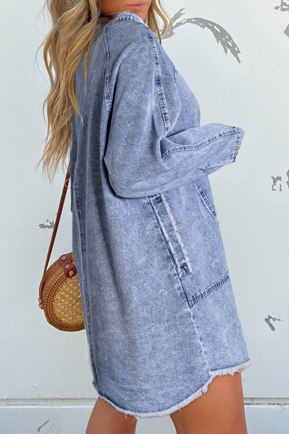 Raw Hem Button Down Long Sleeve Denim Dress - UnLaced Boutique