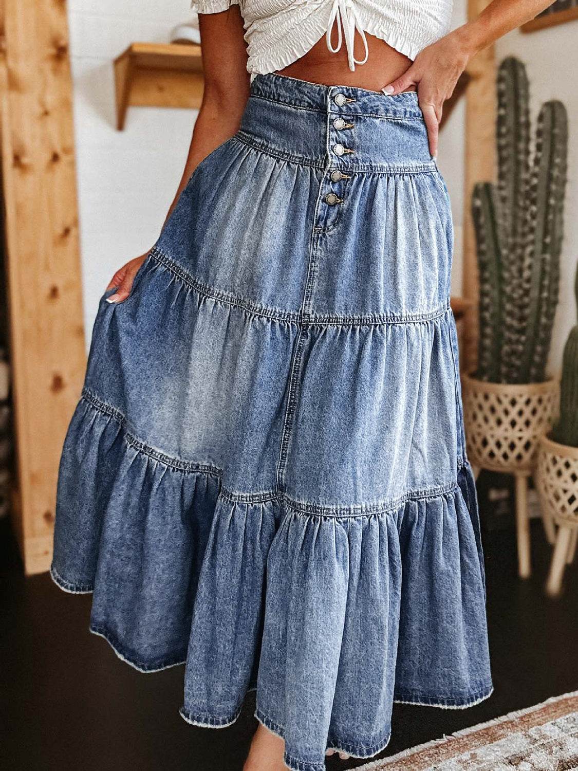 Tiered Button-Fly Denim Skirt - UnLaced Boutique