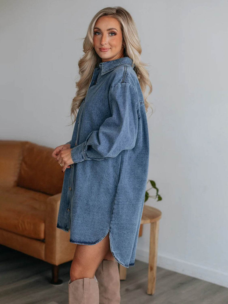 Button Up Collared Neck Long Sleeve Denim Dress - UnLaced Boutique