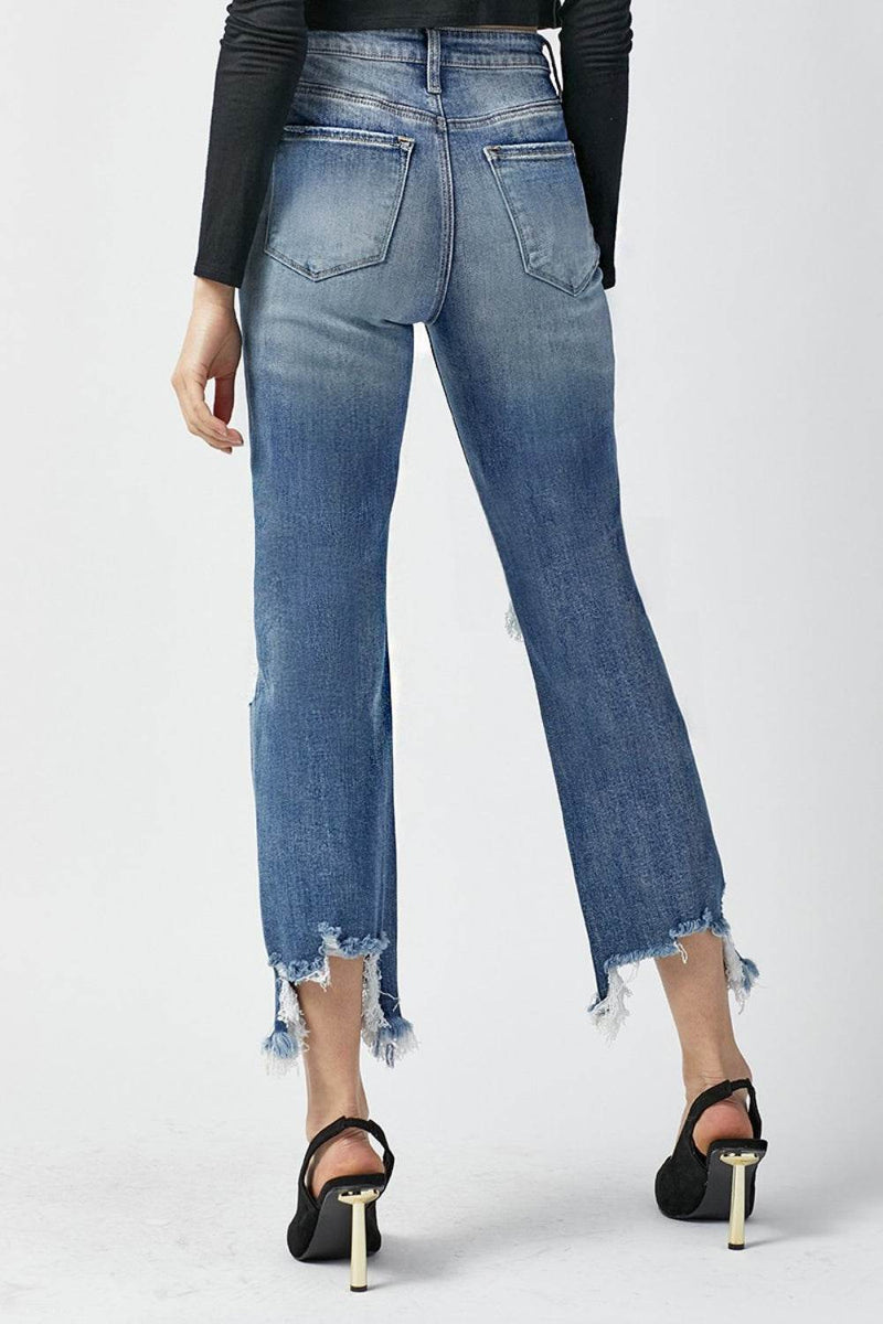 RISEN High Waist Distressed Frayed Hem Cropped Straight Jeans - UnLaced Boutique