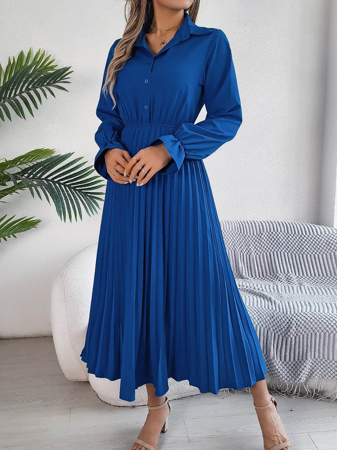 Pleated Half Button Long Sleeve Midi Dress - UnLaced Boutique