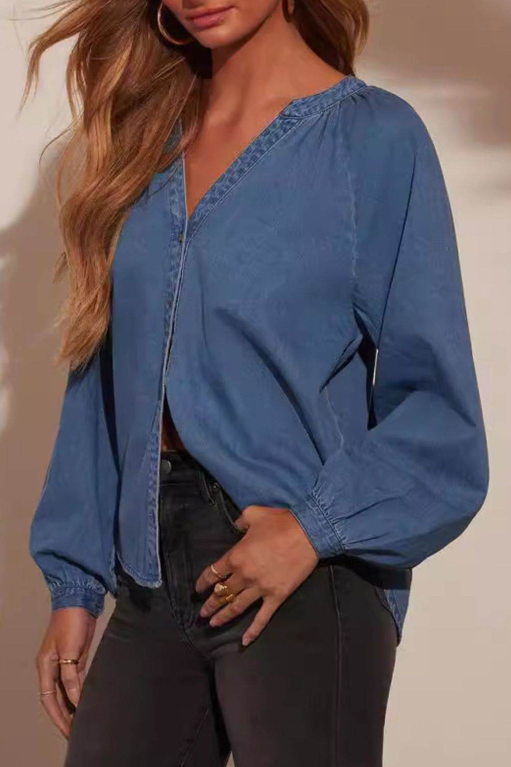 Plunge Button Up Long Sleeve Denim Top - UnLaced Boutique