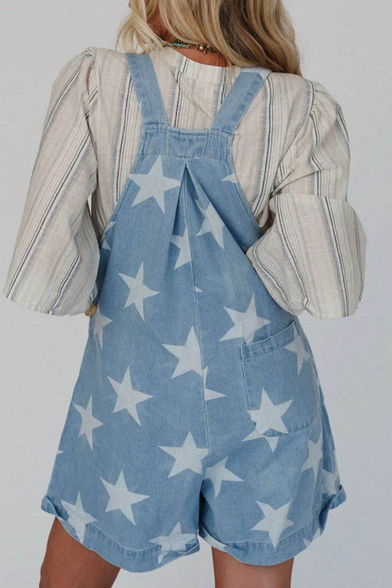 Star Print Square Neck Denim Overalls - UnLaced Boutique