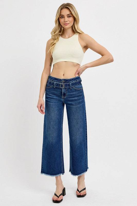 RISEN Raw Hem Wide Leg Attached Buckle Jeans - UnLaced Boutique