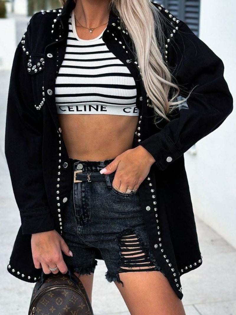 Studded Snap Down Long Sleeve Denim Shacket - UnLaced Boutique