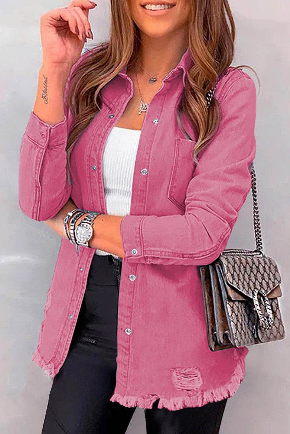 Distressed Raw Hem Snap Down Denim Jacket - UnLaced Boutique