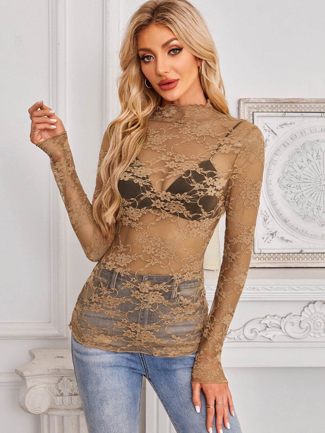 Mock Neck Long Sleeve Lace Sheer Top - UnLaced Boutique