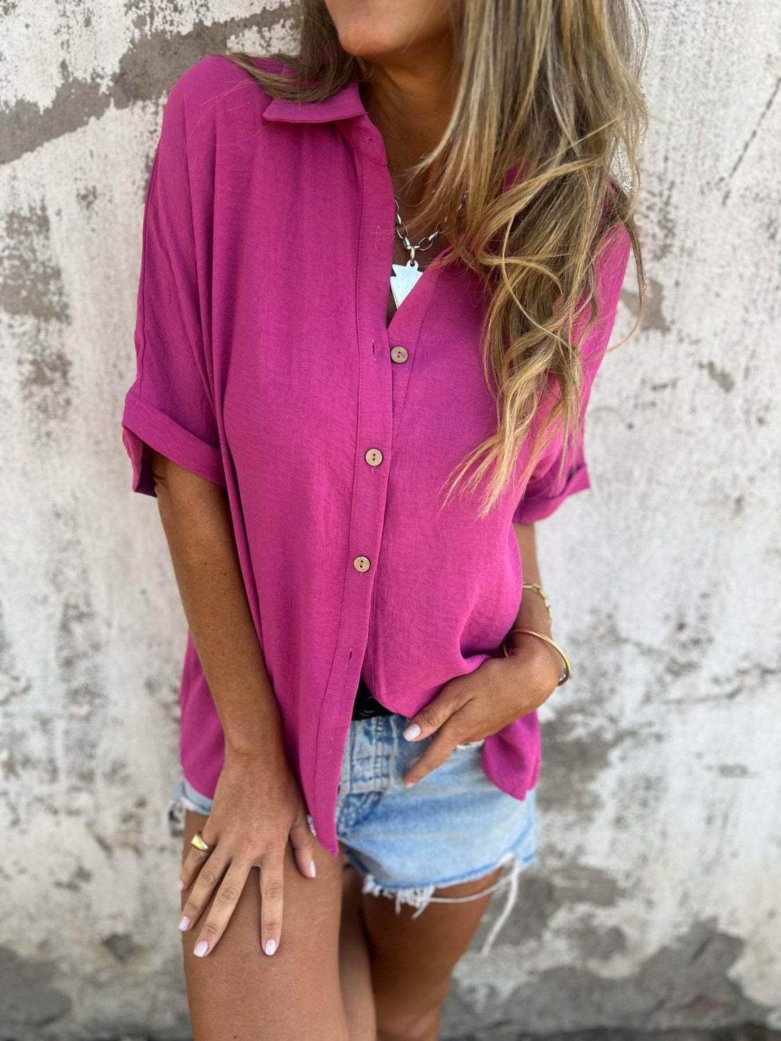 Full Size Collared Neck Half Sleeve Shirt Plus Size - UnLaced Boutique