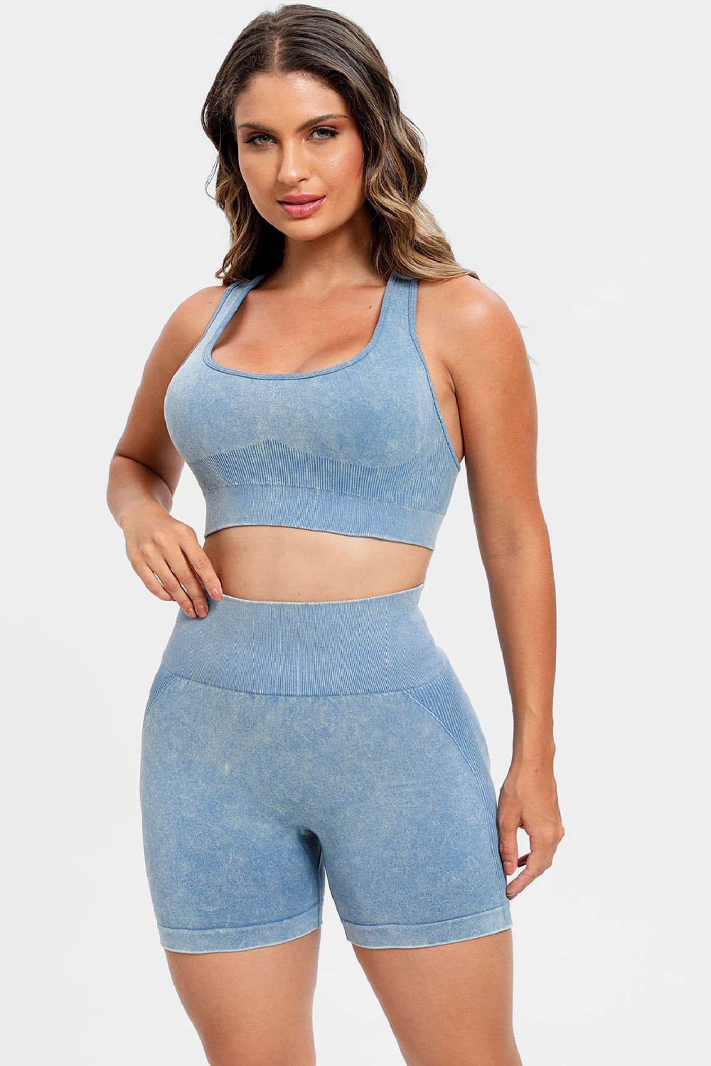3 Piece Washed Square Neck Wide Strap Active Set - UnLaced Boutique