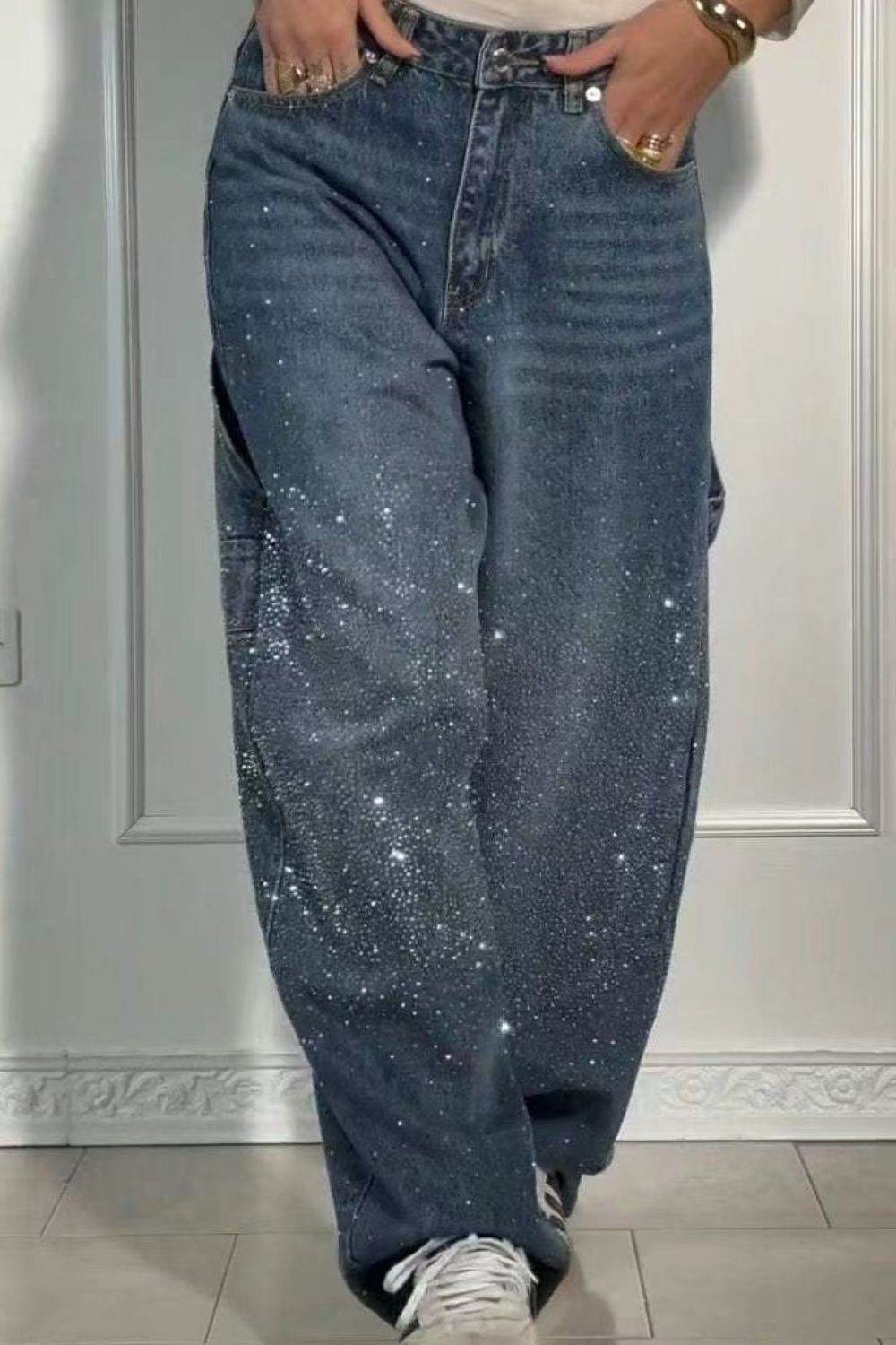 Full Size Washed Rhinestone Detail Wide leg Jeans Plus Size - UnLaced Boutique