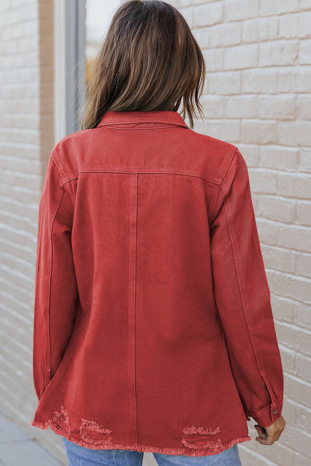 Distressed Raw Hem Snap Down Denim Jacket - UnLaced Boutique