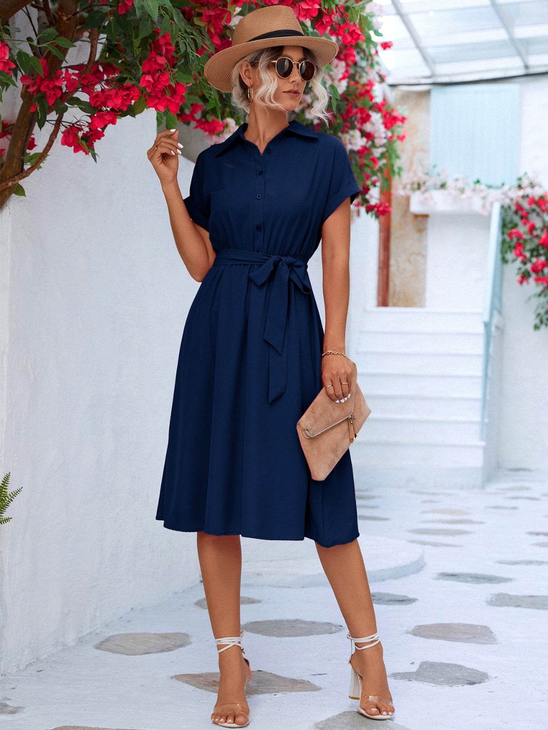 Buttoned Tie Waist Short Sleeve Dress - UnLaced Boutique