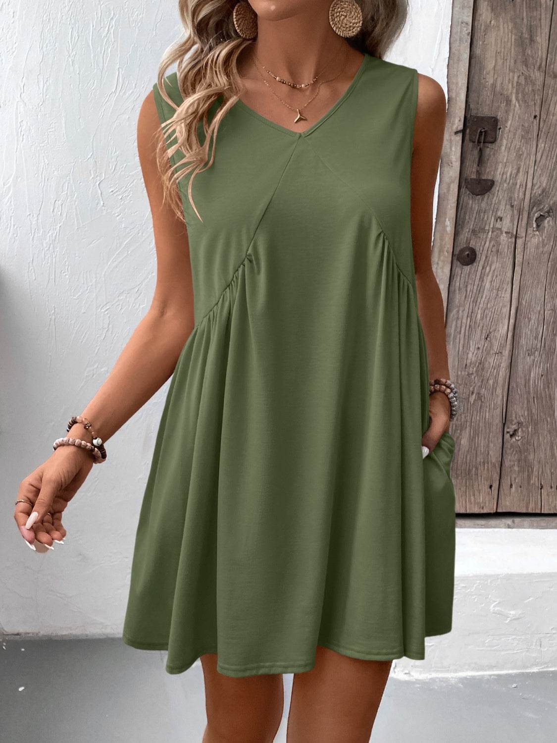 Ivy Lane Ruched V-Neck Sleeveless Mini Dress - UnLaced Boutique