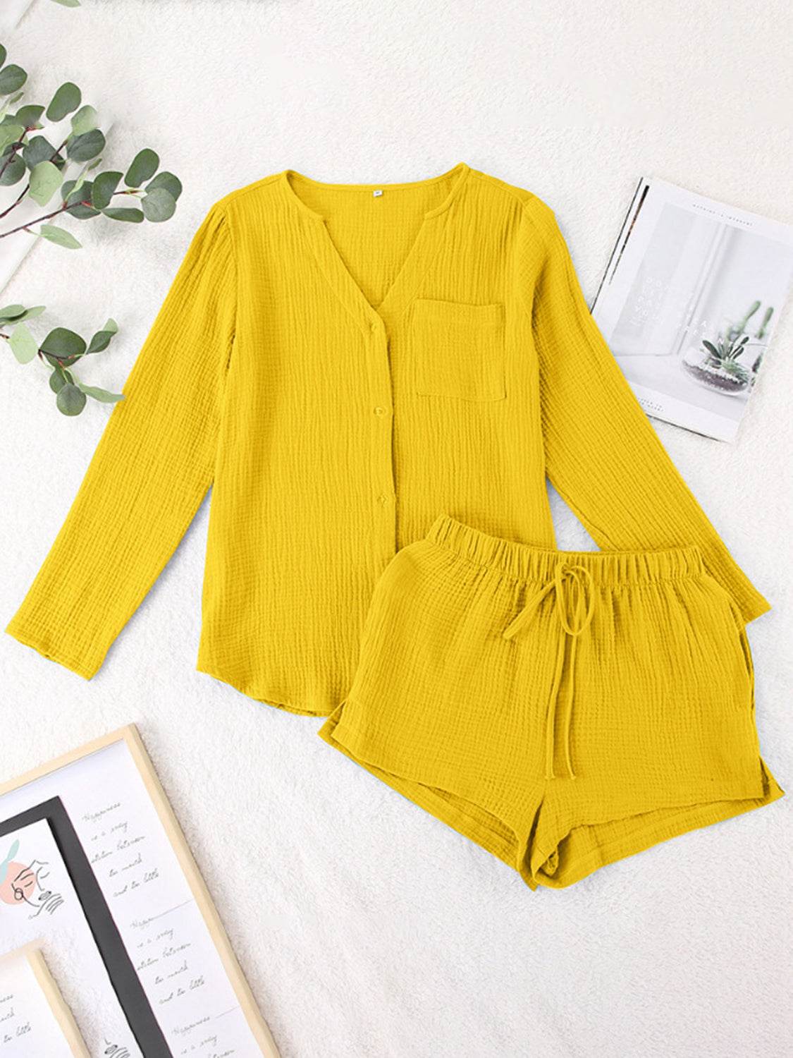 Notched Long Sleeve Top and Shorts Set - UnLaced Boutique