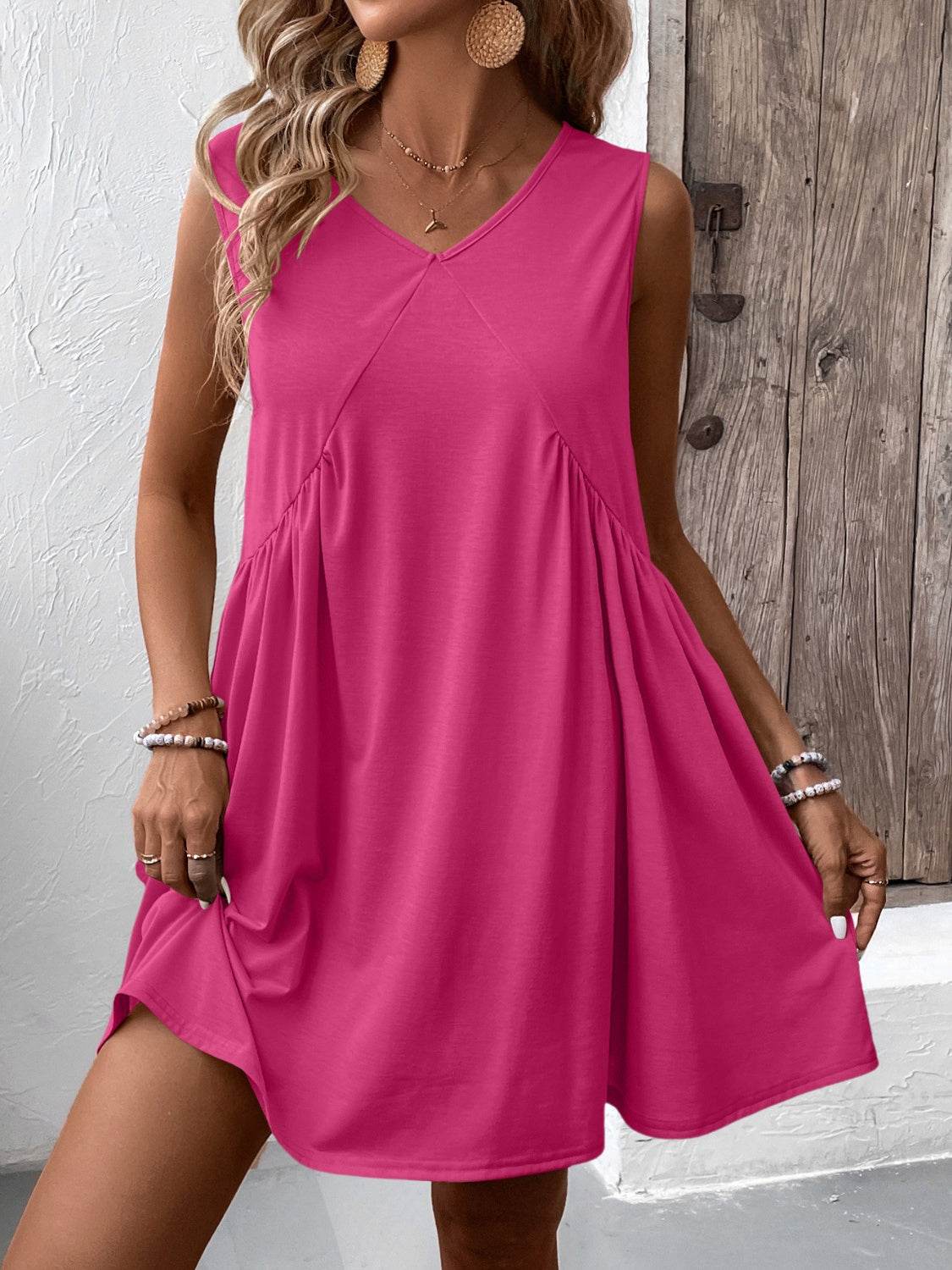 Ivy Lane Ruched V-Neck Sleeveless Mini Dress - UnLaced Boutique