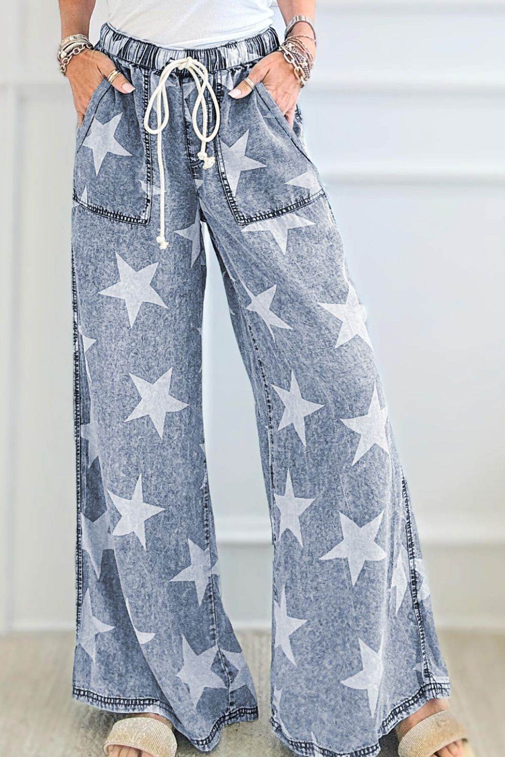 Star Print Washed Drawstring High Waist Wide Leg Jeans - UnLaced Boutique