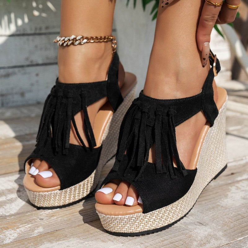 Fringe Peep Toe Wedge Sandals - UnLaced Boutique