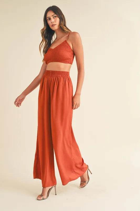 MABLE Smocked Bralette Crop Top and Wide Leg Pants Set - UnLaced Boutique