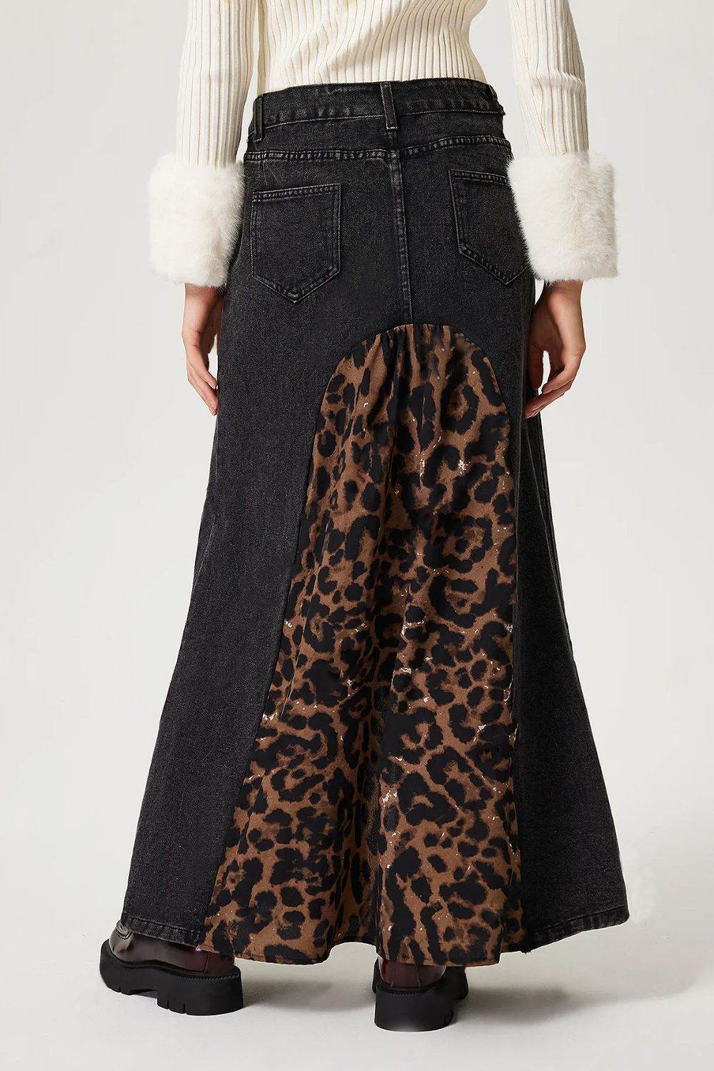 Slit Leopard Midi Denim Skirt - UnLaced Boutique