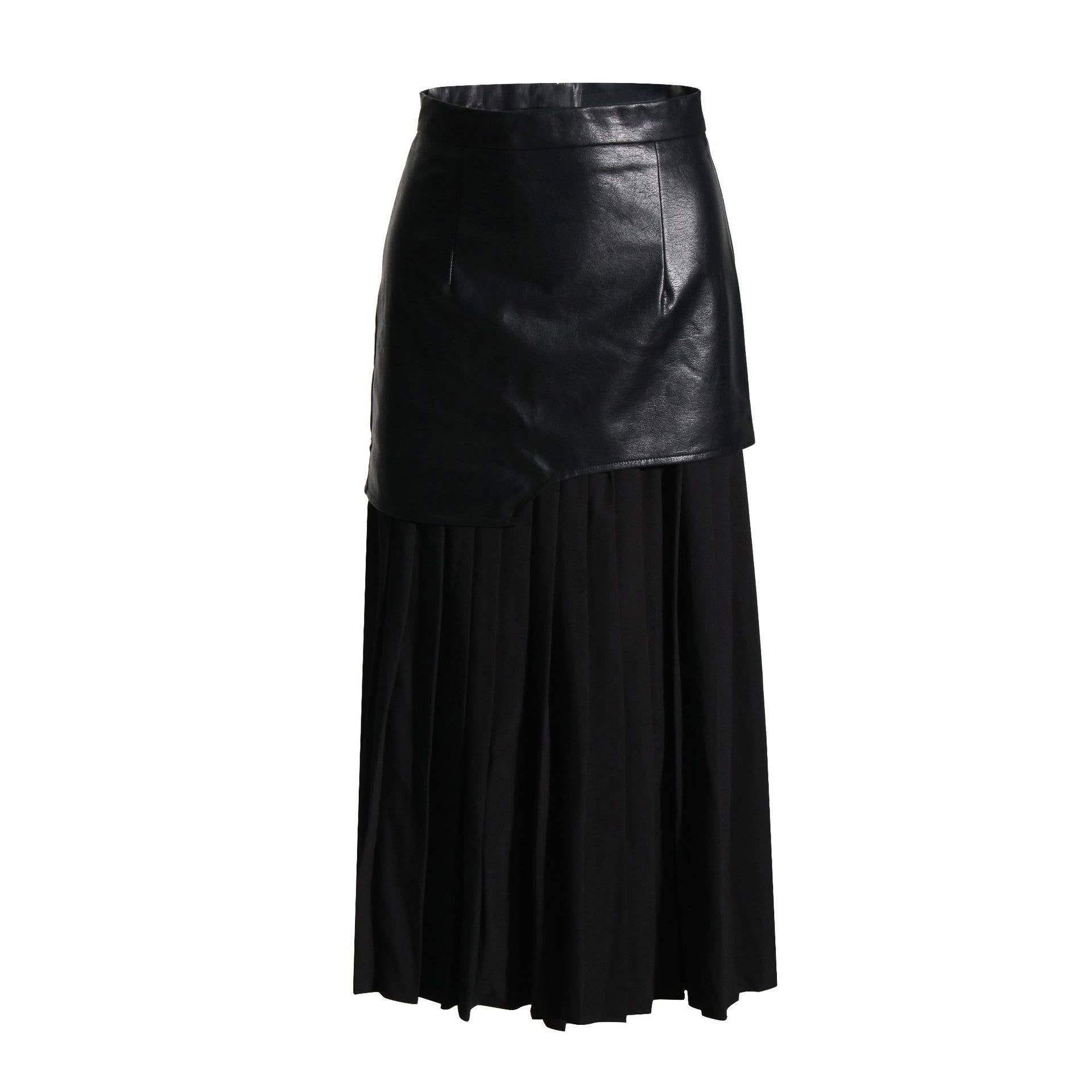 Chic Leather & Pleat Contrast Midi Skirt