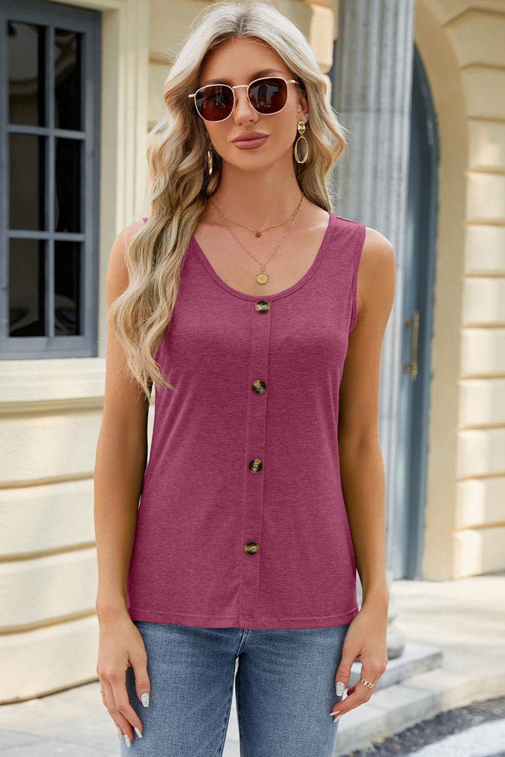 Decorative Button Round Neck Tank - UnLaced Boutique