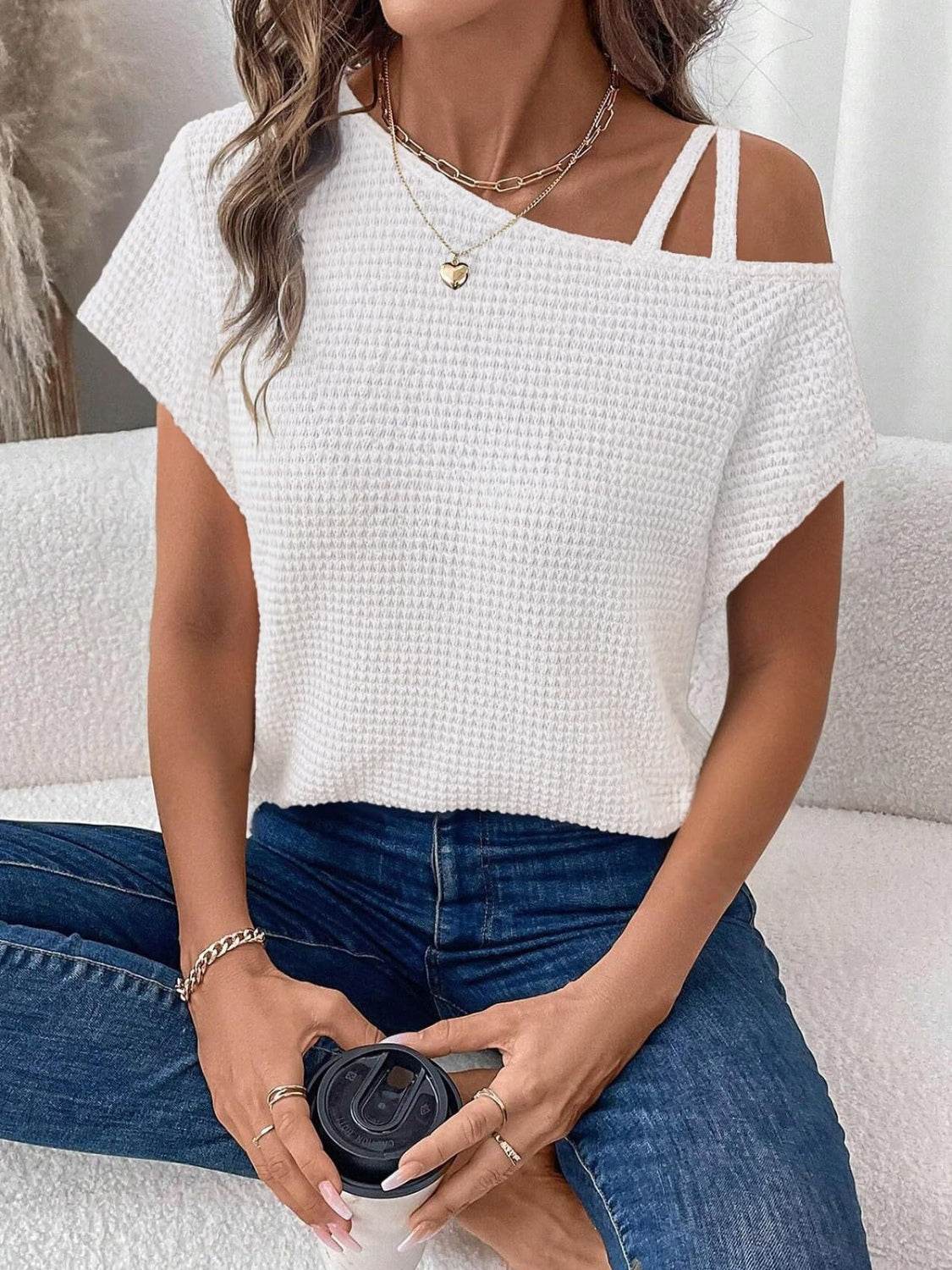 Asymmetrical Neck Short Sleeve T-Shirt - UnLaced Boutique