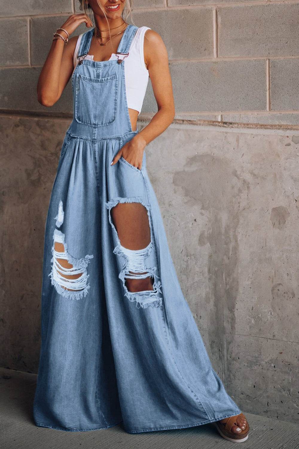 Distressed Wide Leg Denim Overalls - UnLaced Boutique