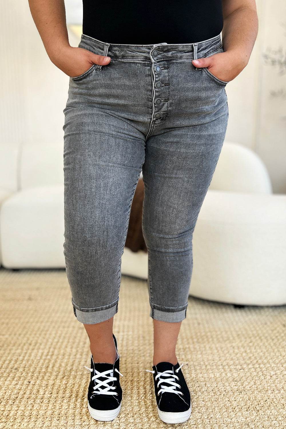 Judy Blue Full Size Button Fly High Waist Cuffed Capris - UnLaced Boutique