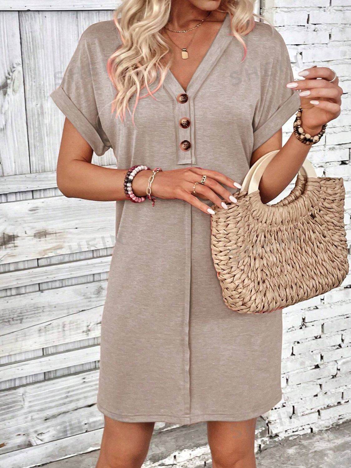 Quarter Button V-Neck Short Sleeve Dress - UnLaced Boutique