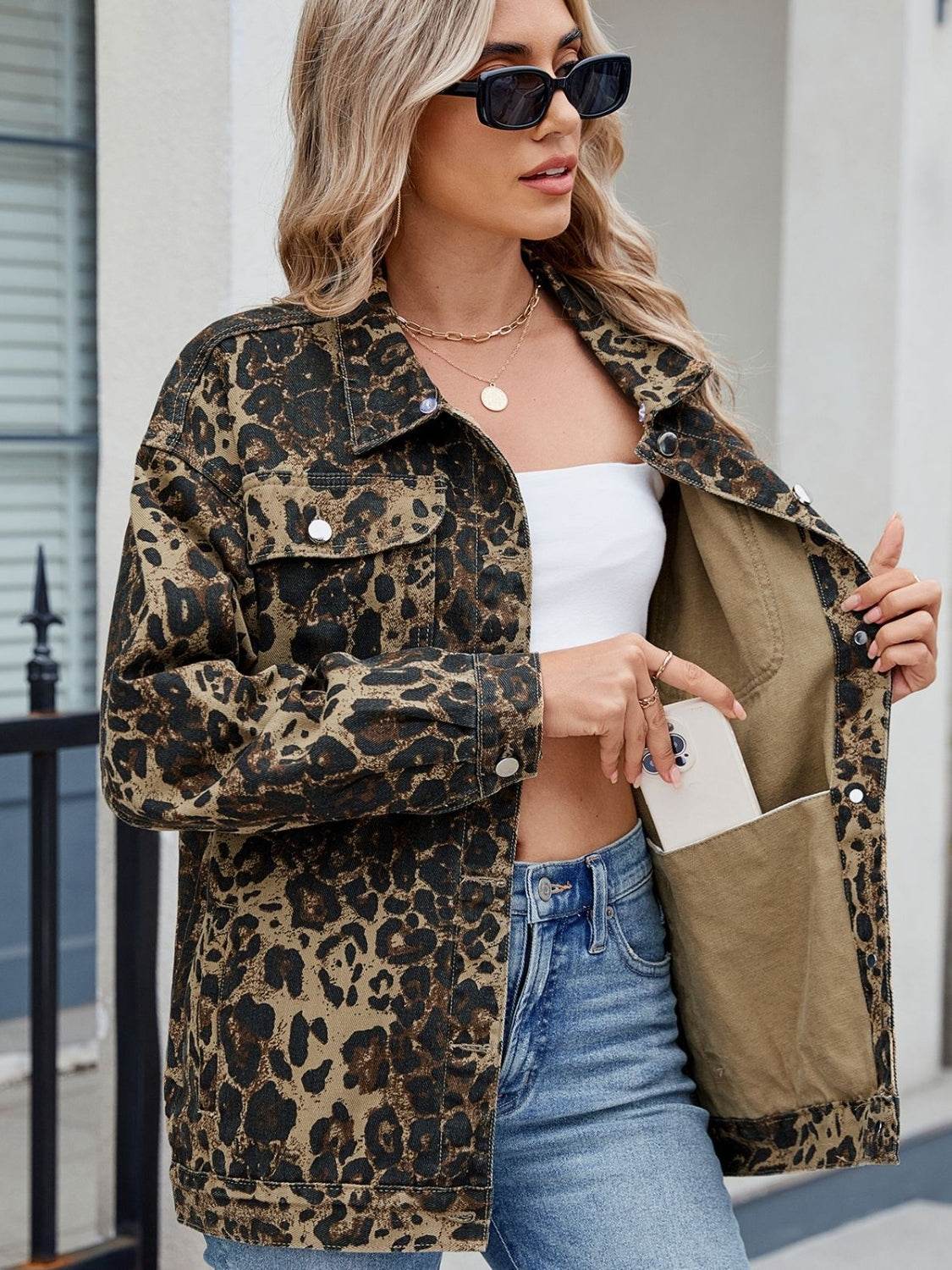 Pocketed Leopard Long Sleeve Denim Jacket - UnLaced Boutique
