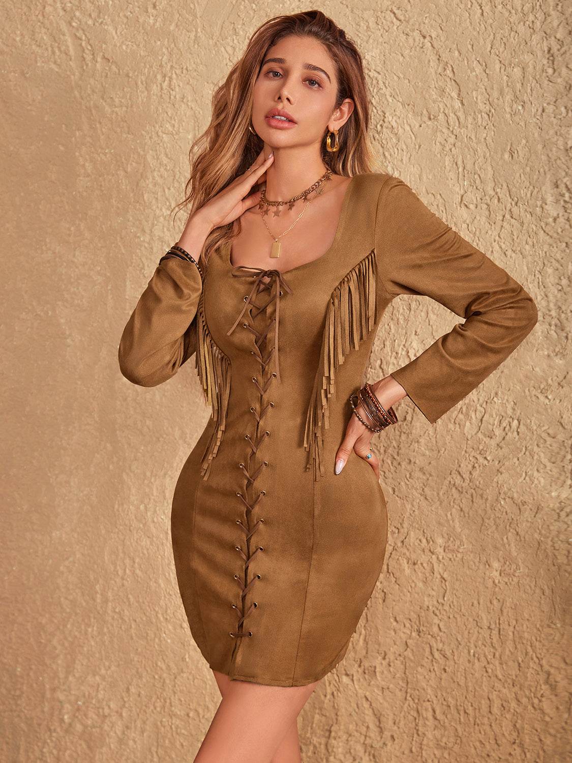 Fringe Lace Up Square Neck Long Sleeve Mini Dress - UnLaced Boutique