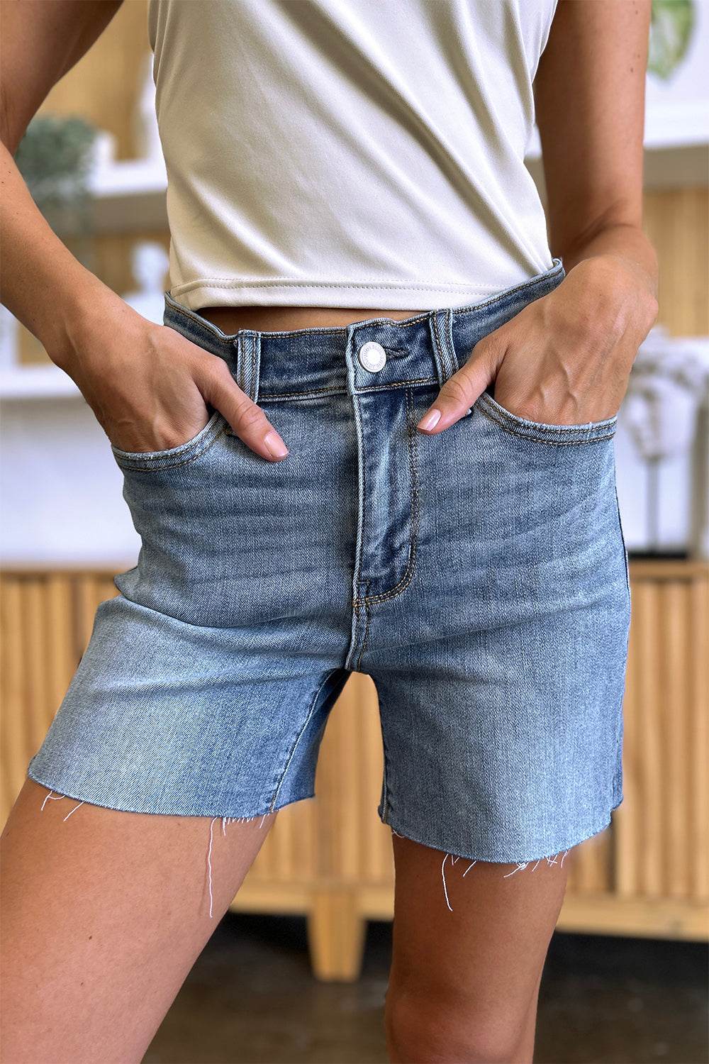 Judy Blue Full Size High Waist Raw Hem Denim Shorts - UnLaced Boutique