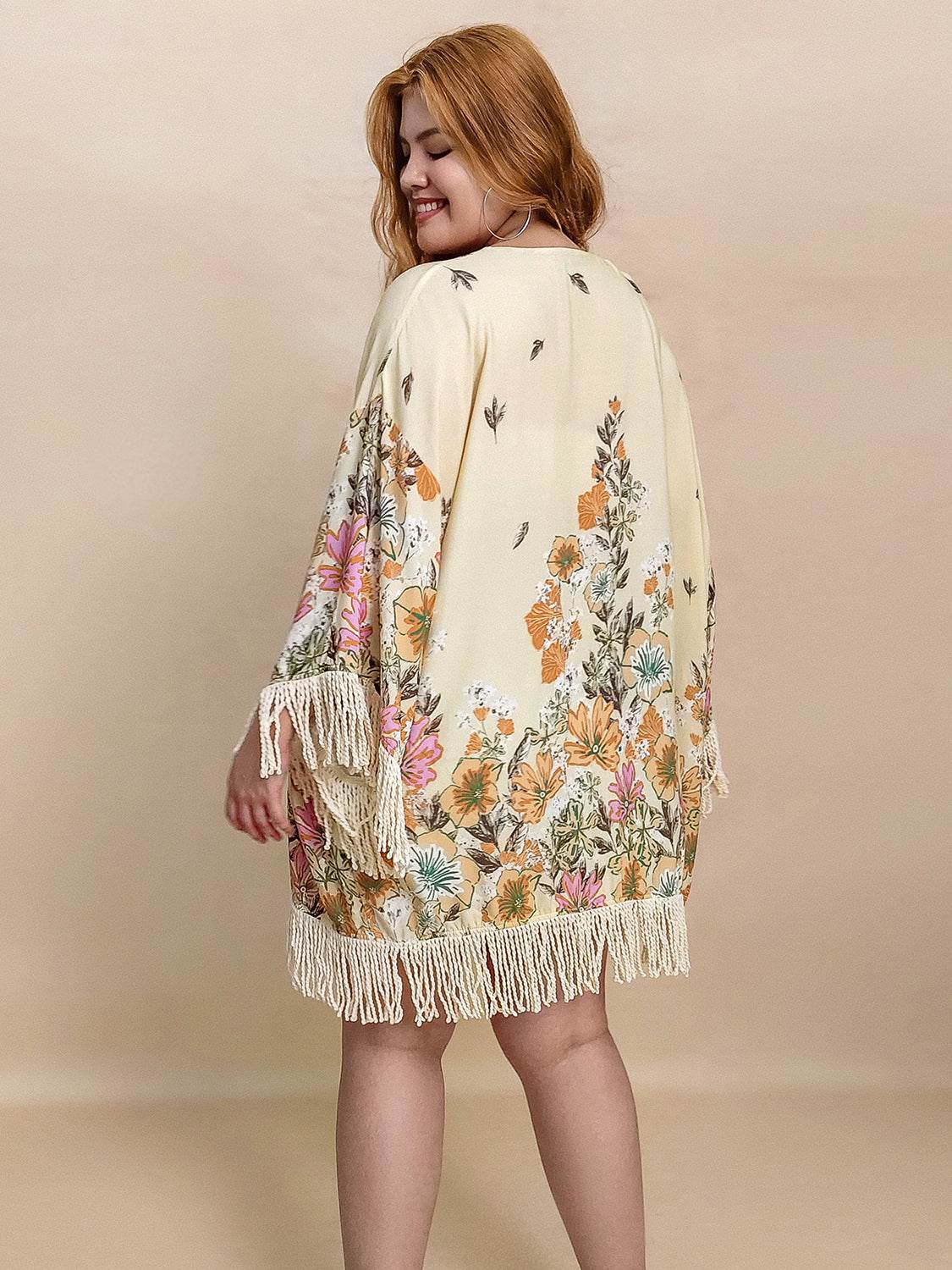 Plus Size Fringe Printed Open Front Cardigan - UnLaced Boutique