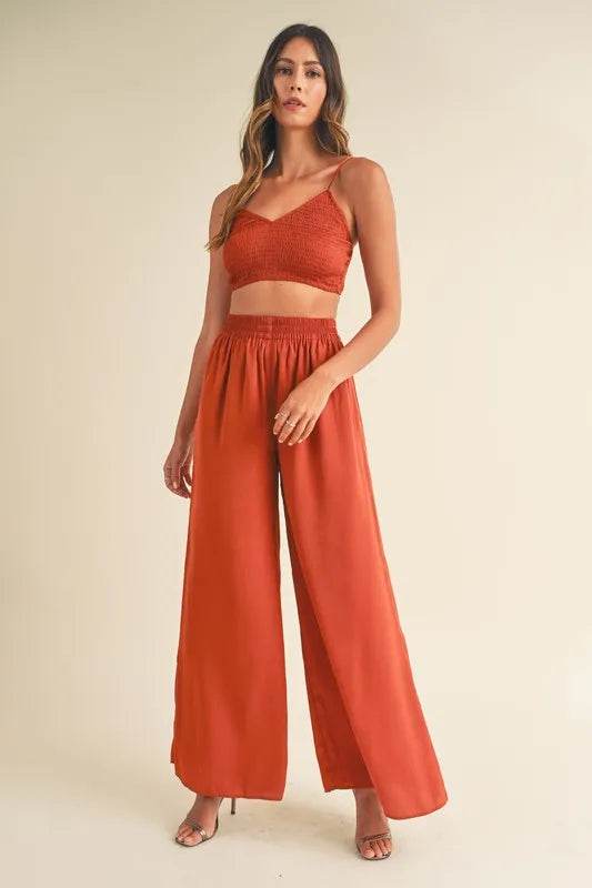 MABLE Smocked Bralette Crop Top and Wide Leg Pants Set - UnLaced Boutique