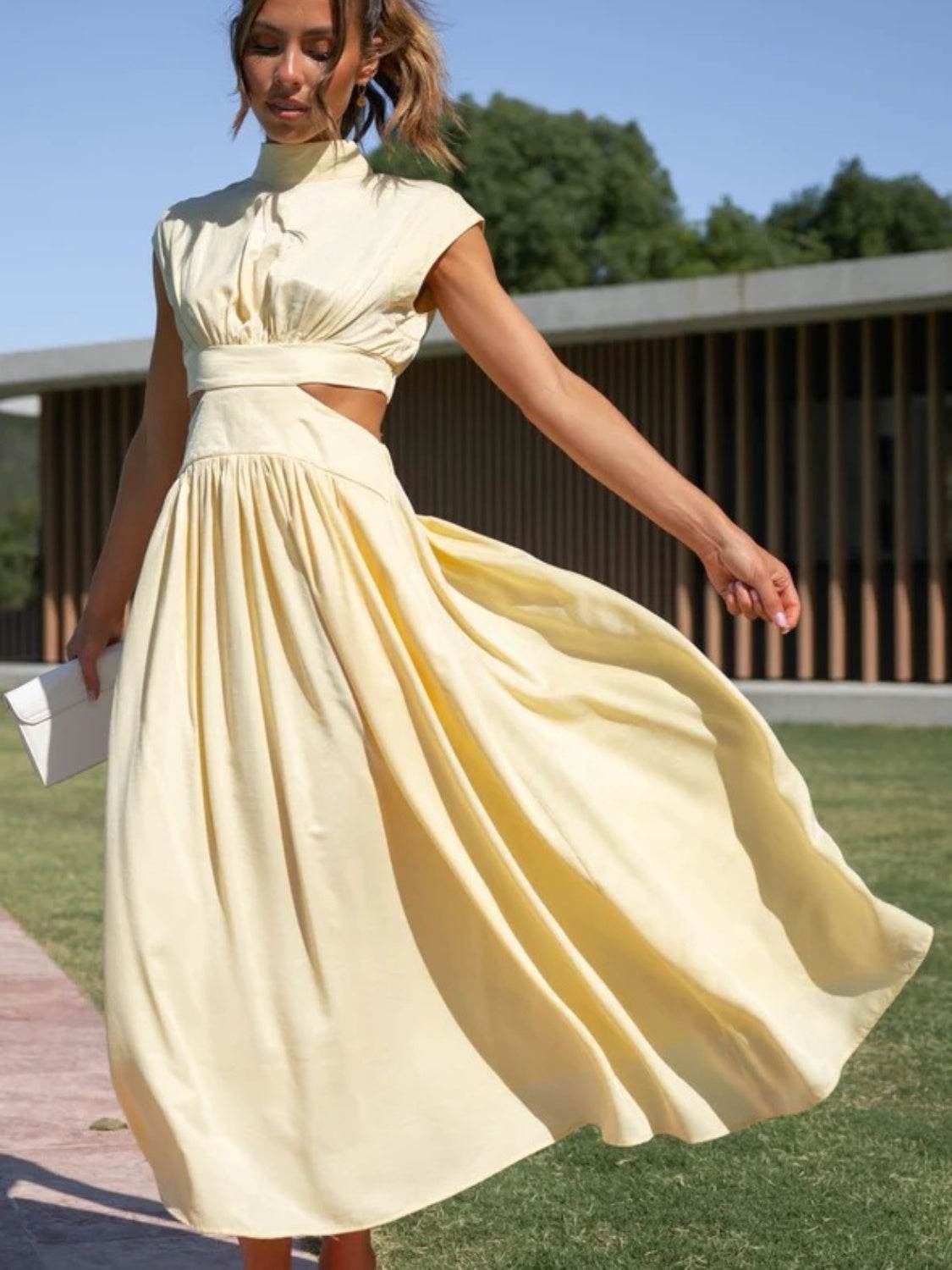 Cutout Mock Neck Sleeveless Ruched Dress - UnLaced Boutique