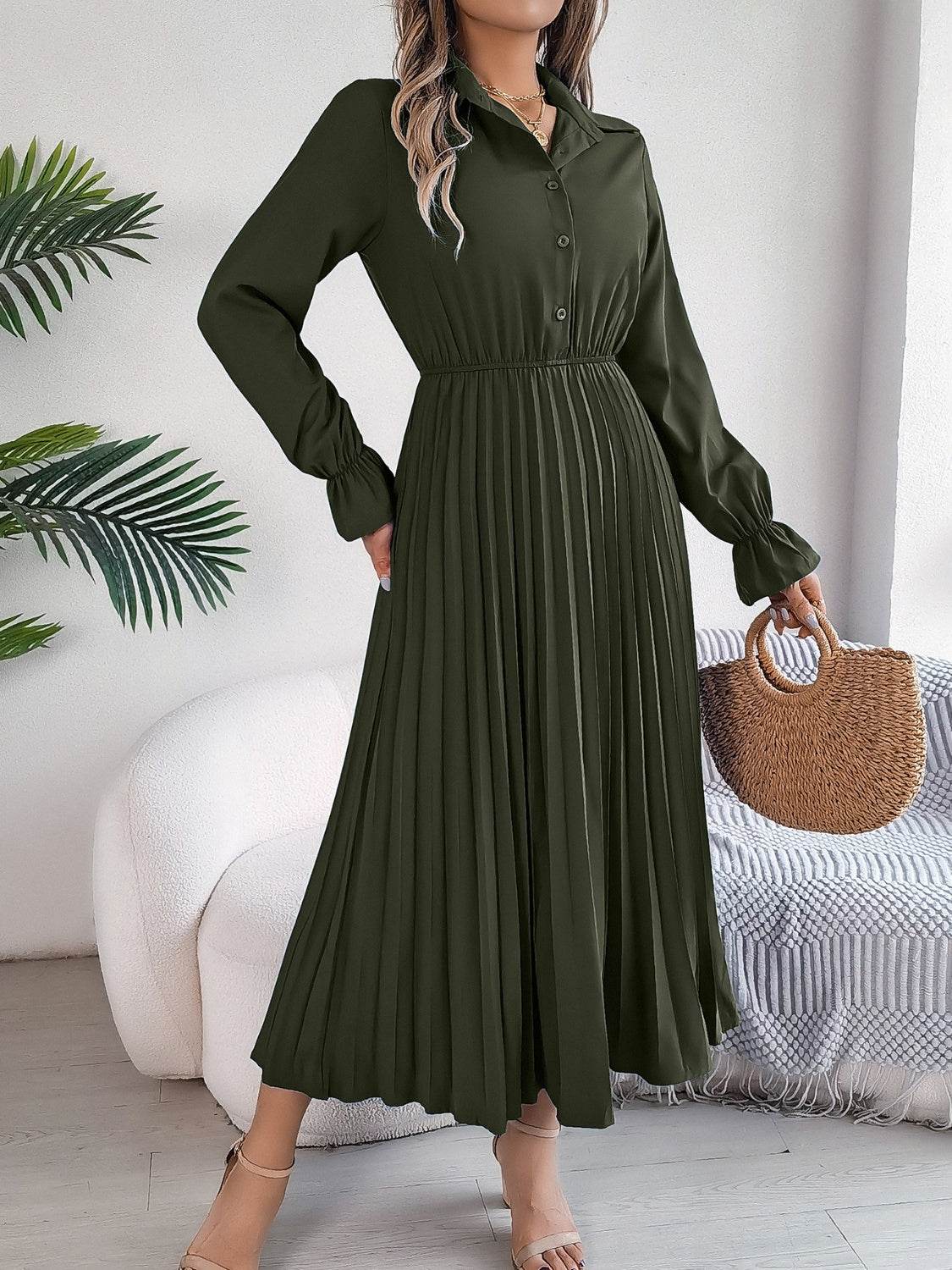 Pleated Half Button Long Sleeve Midi Dress - UnLaced Boutique