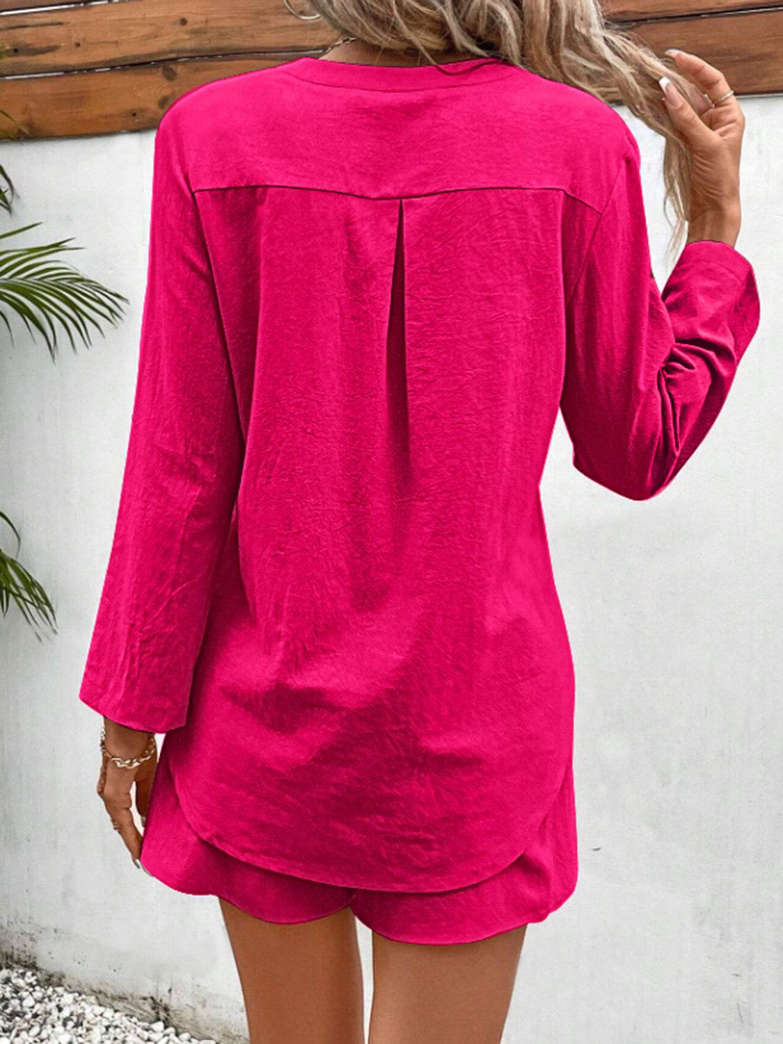 Notched Long Sleeve Top and Shorts Set - UnLaced Boutique
