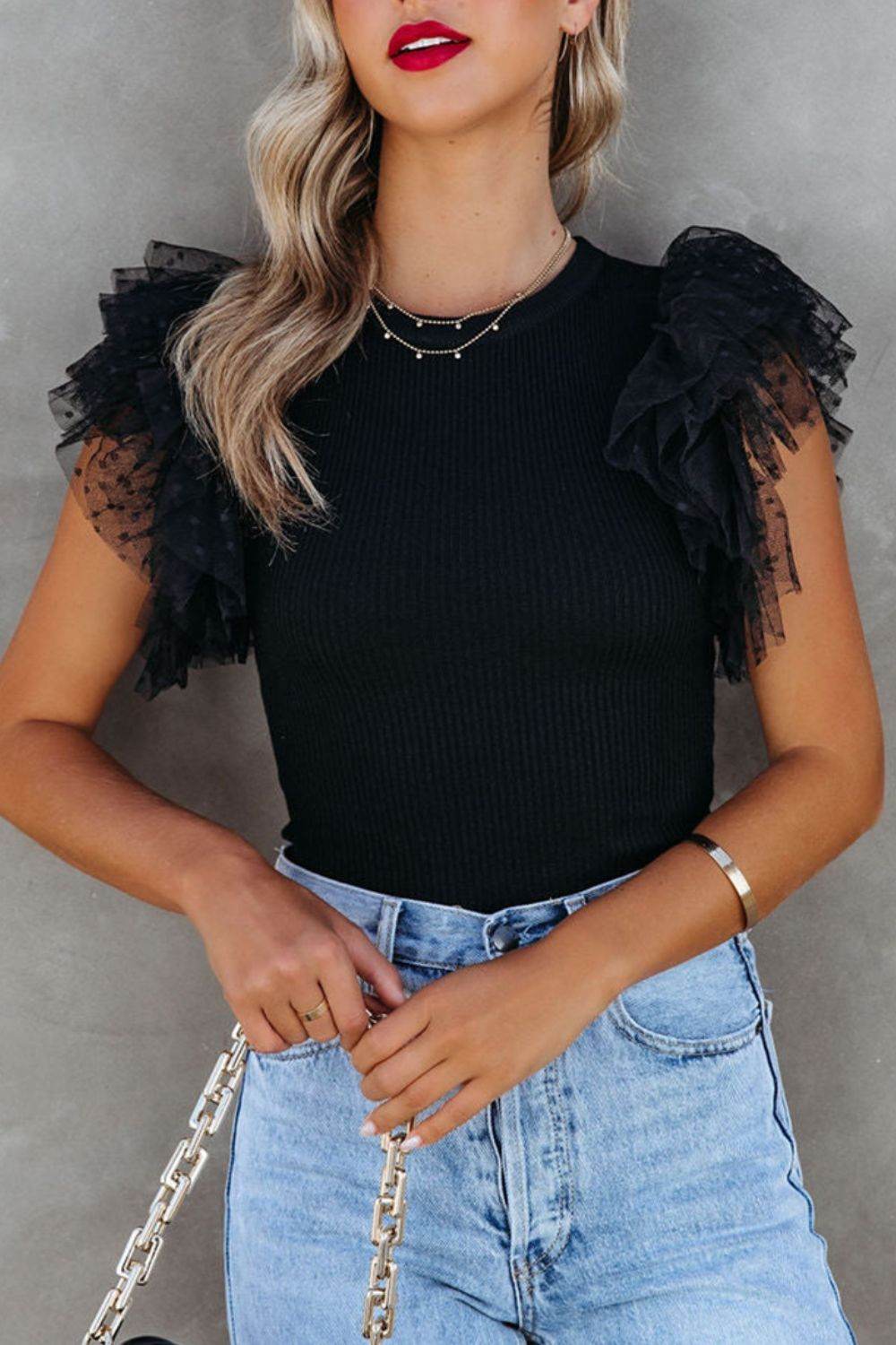 Ruffled Round Neck Cap Sleeve Blouse - UnLaced Boutique