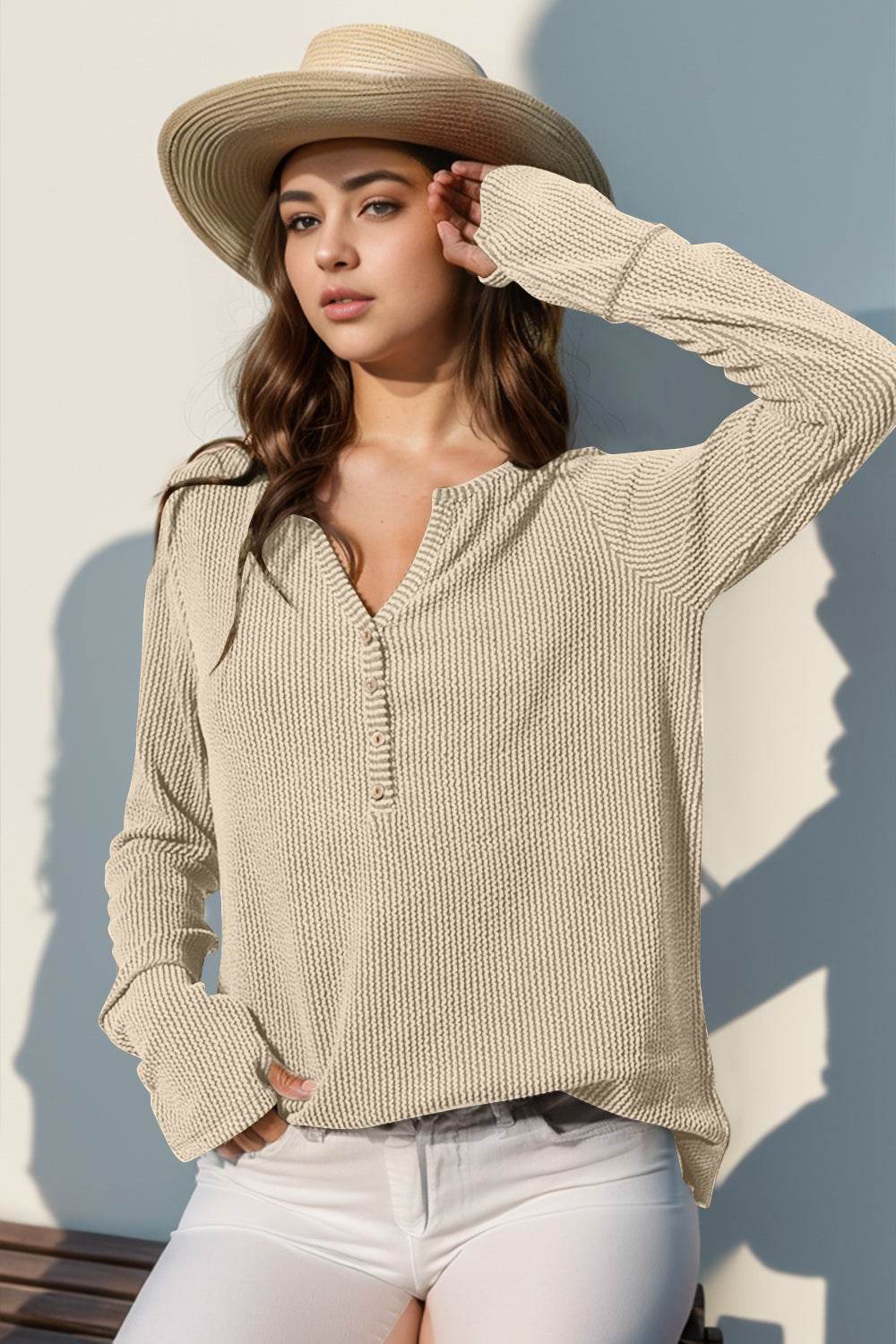 Double Take Full Size Notched Thumbhole Long Sleeve T-Shirt - UnLaced Boutique