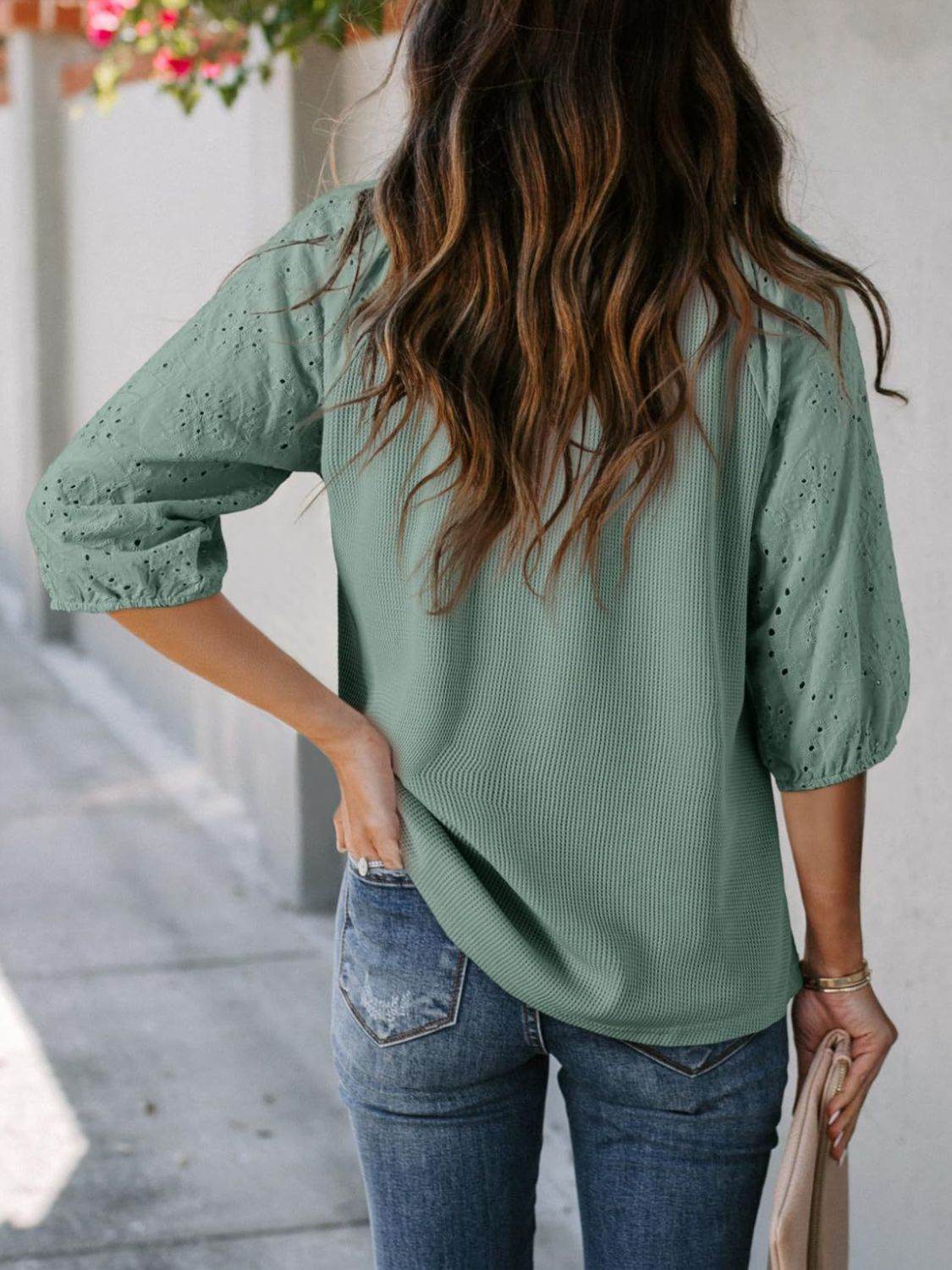 Eyelet Tie Neck Three-Quarter Sleeve Blouse - UnLaced Boutique