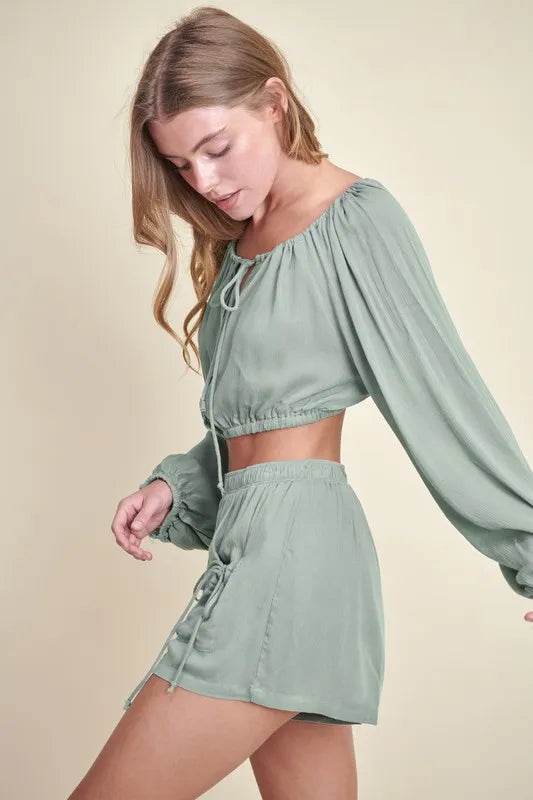 MABLE Gauze Long Sleeve Button Crop Top and Short Set - UnLaced Boutique