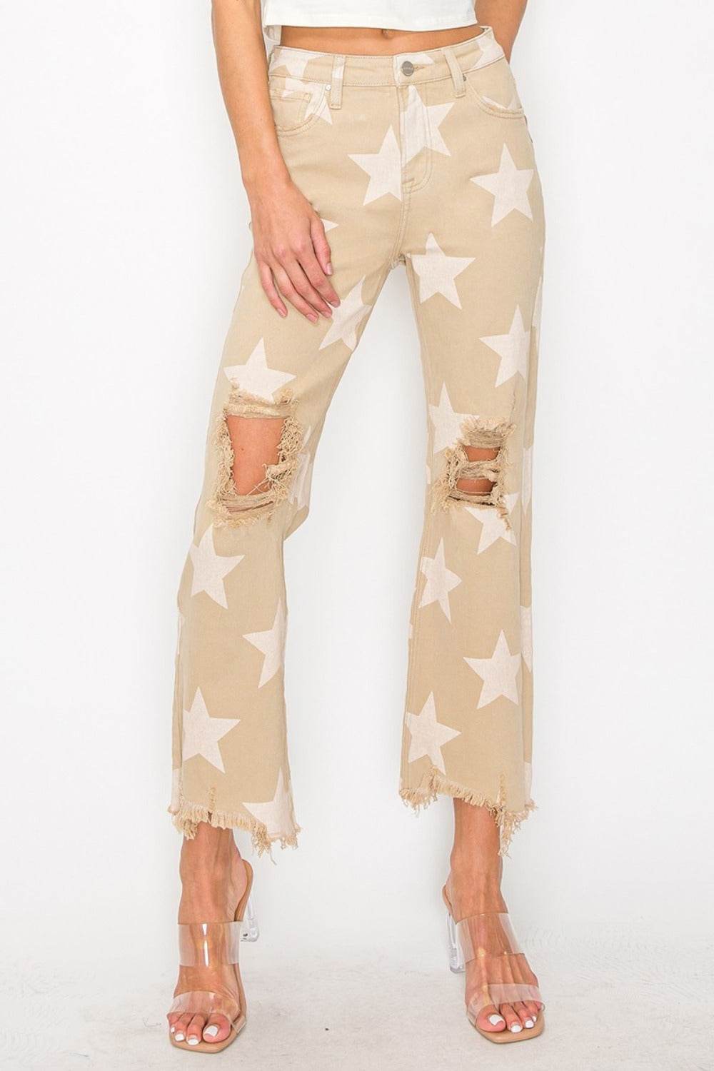 RISEN Full Size High Rise Star Printed Frayed Hem Jeans - UnLaced Boutique