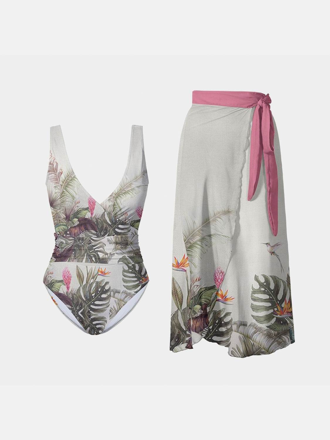 FAM-FAM Printed Surplice Wide Strap Swimwear and Skirt Swim Set - UnLaced Boutique