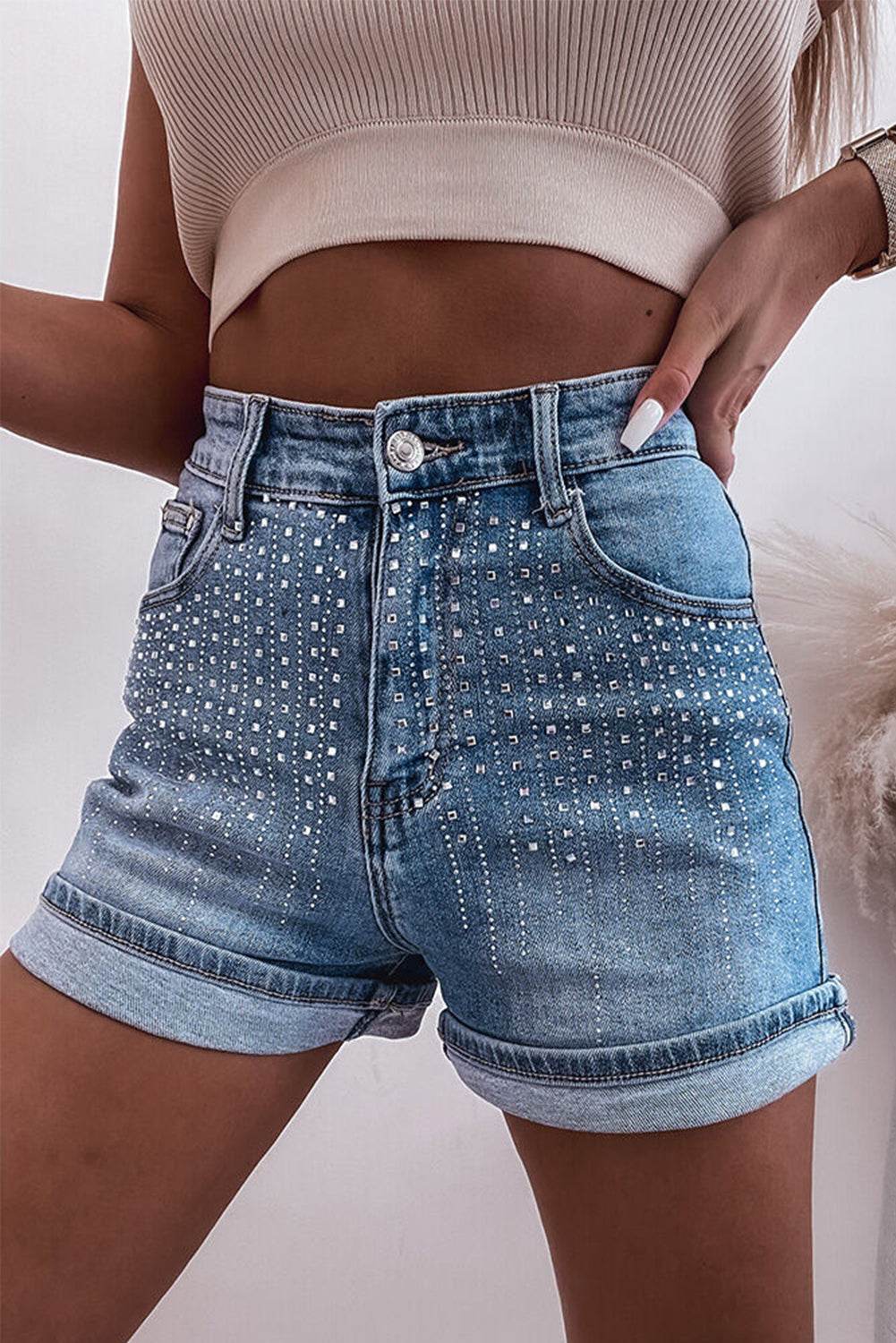Rhinestone High Waist Denim Shorts - UnLaced Boutique
