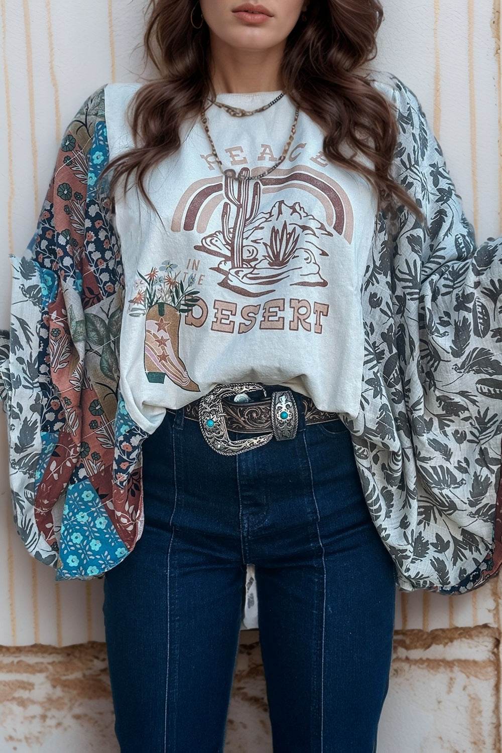 Peace Desert Graphic Asymmetric Printed Patchwork Sleeve Top - UnLaced Boutique