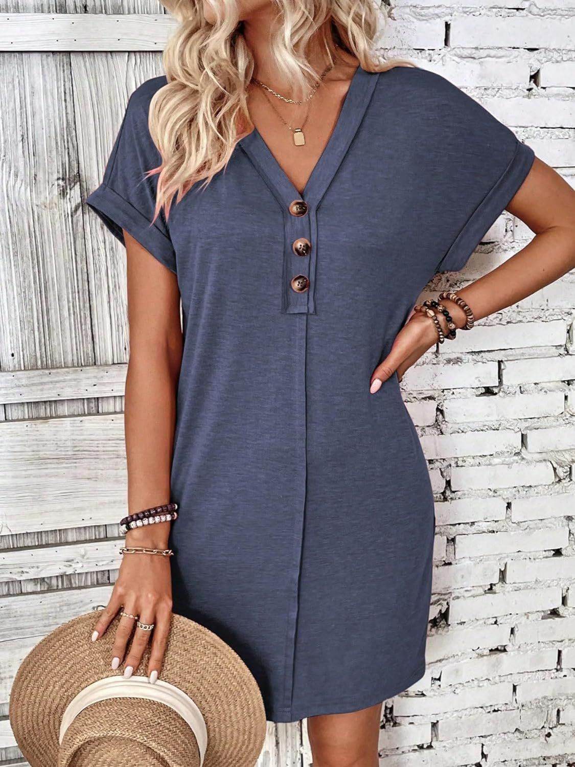 Quarter Button V-Neck Short Sleeve Dress - UnLaced Boutique