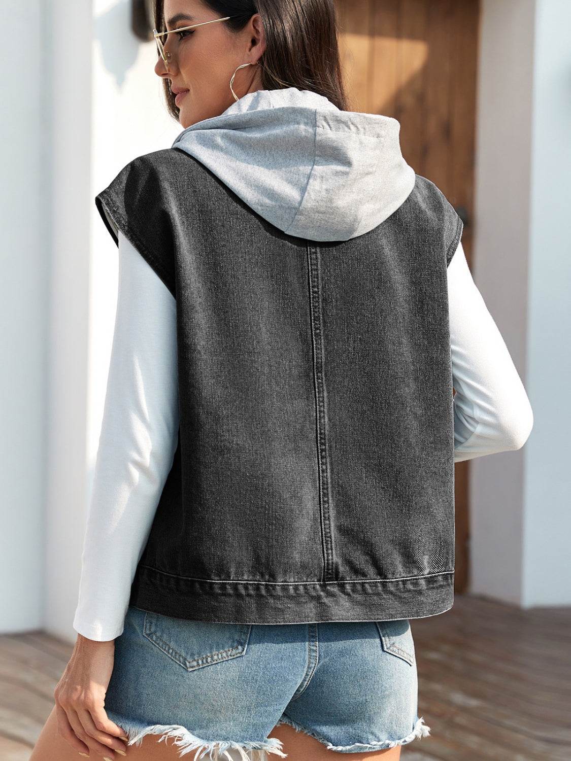 Drawstring Button Up Sleeveless Denim Jacket - UnLaced Boutique