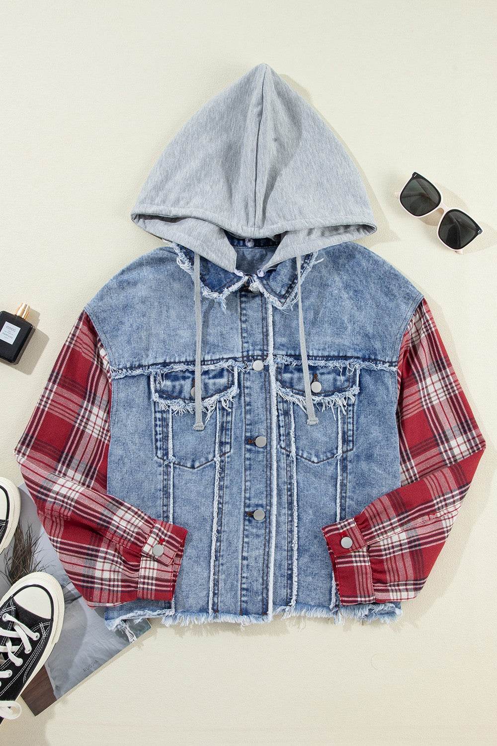Raw Hem Drawstring Plaid Denim Jacket - UnLaced Boutique